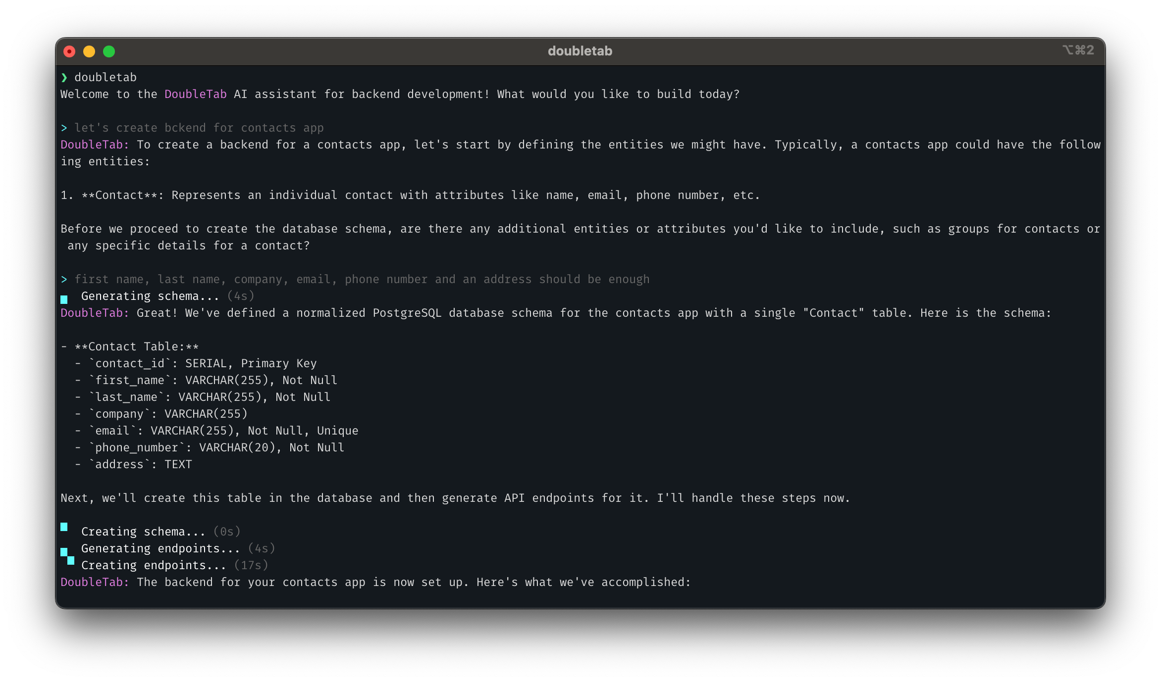 Terminal showing DoubleTab generating a contacts app backend